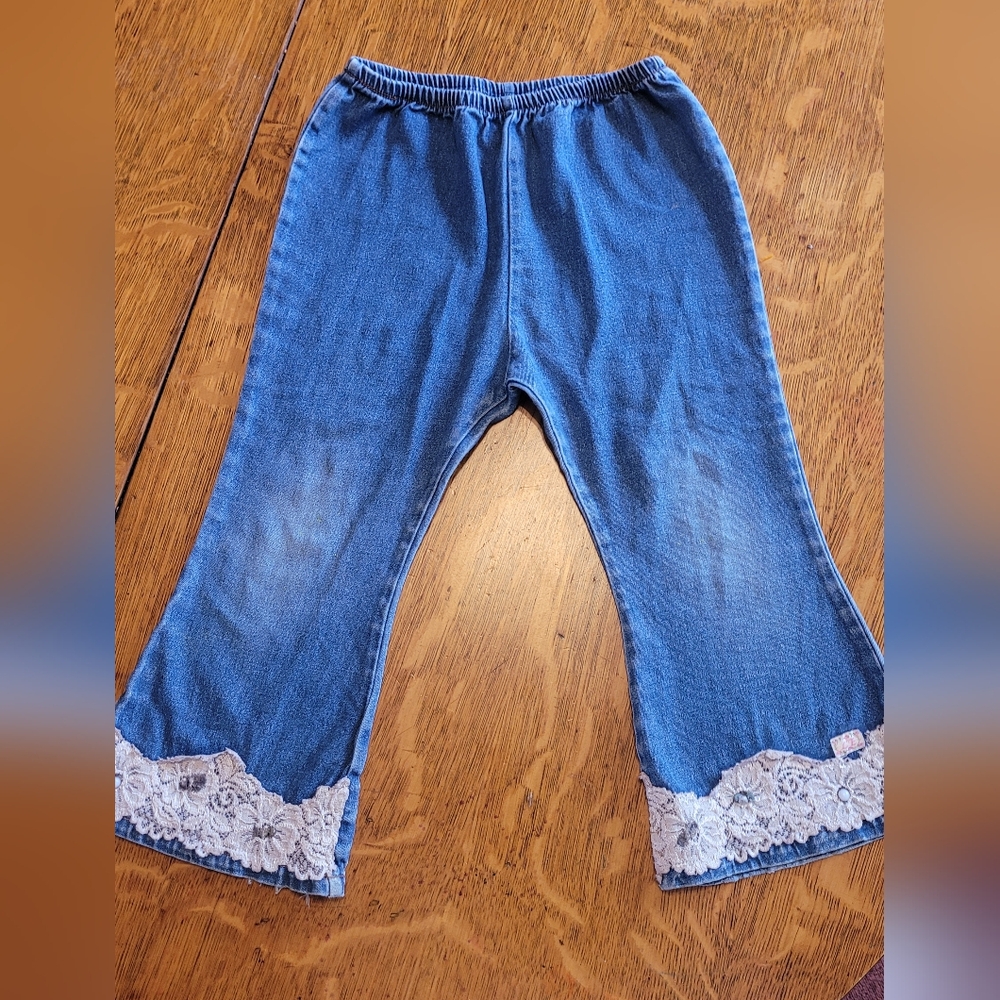Kids Blue Denim Pants with Lace Trim